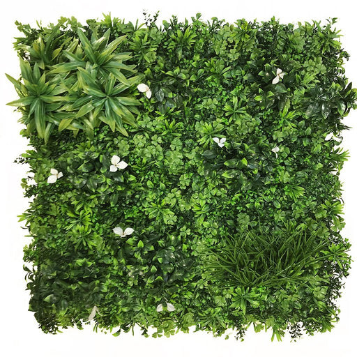 Artificial Green Wall Panel with mixed foliage palm heads and white flowers 100x100 cm Pure Clean Rental Solutions 