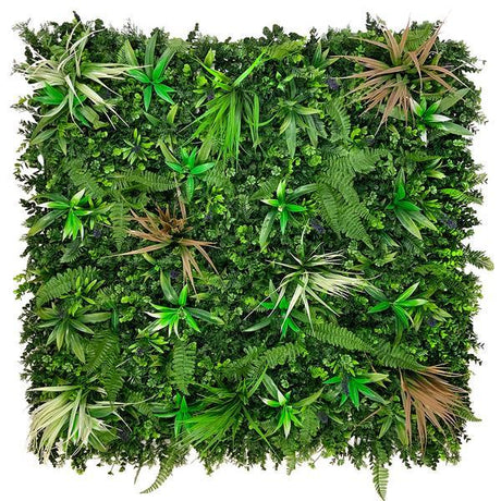 Artificial Green Wall Panel with mixed green, red & white foliage & purple flowers 100x100 cm Pure Clean Rental Solutions 