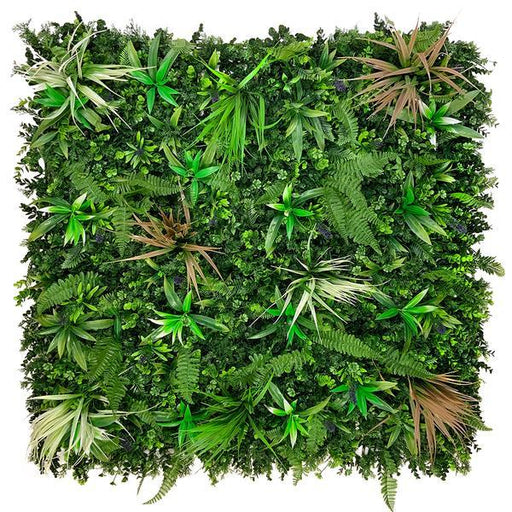 Artificial Green Wall Panel with mixed green, red & white foliage & purple flowers 100x100 cm Pure Clean Rental Solutions 