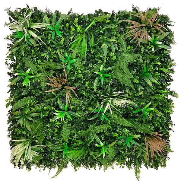 Artificial Green Wall Panel with mixed green, red & white foliage & purple flowers 100x100 cm Pure Clean Rental Solutions 