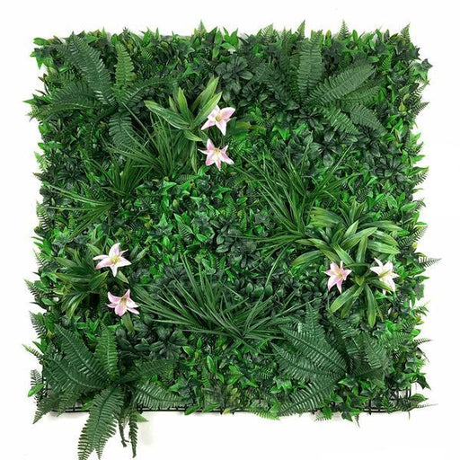 Artificial Green Wall Panel with variegated foliage and classic pink lillies 100x100 cm Pure Clean Rental Solutions 