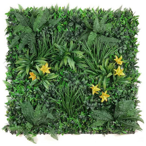 Artificial Green Wall Panel with variegated foliage and classic yellow lillies 100x100 cm Pure Clean Rental Solutions 