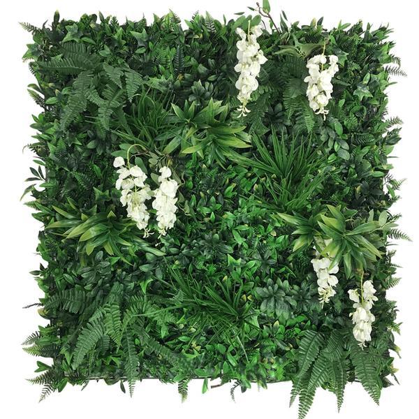 Artificial Green Wall Panel with variegated foliage and cream trailing wisteria 100x100 cm Pure Clean Rental Solutions 