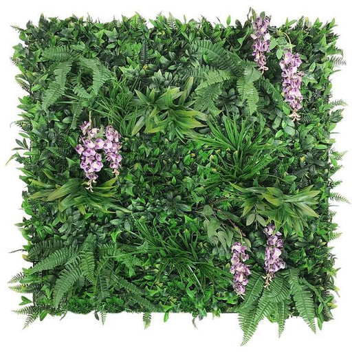 Artificial Green Wall Panel with variegated foliage and purple trailing wisteria 100x100 cm Pure Clean Rental Solutions 