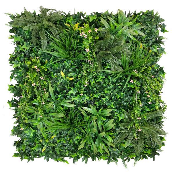 Artificial green wall panel with variegated foliage and trailing pink flowers 100x100 cm Pure Clean Rental Solutions 