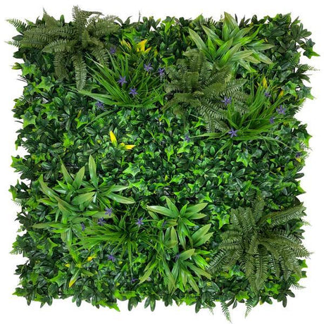 Artificial Green Wall Panel with variegated greens of ivy, ferns, palm heads, grasses & small purple flowers 100x100 cm Pure Clean Rental Solutions 