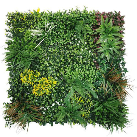 Artificial Green Wall Panel with Variegated Mixed Green, Yellow, Red Foliage & White Flowers 100x100 cm Pure Clean Rental Solutions 