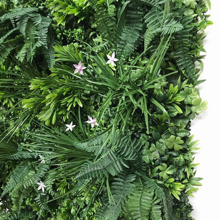 Artificial Living Wall, mixed 3d light-dark green foliage with scheffleras & pink flowers Pure Clean Rental Solutions 