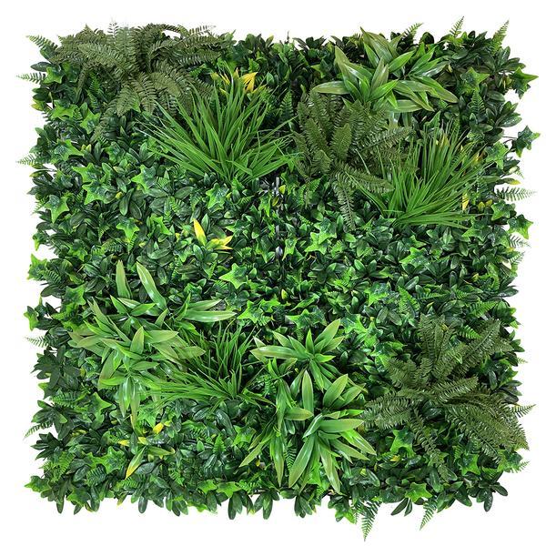 Artificial Living Wall Panel with Variegated Greens of Ivy, Ferns, Palm Heads, Grasses & Yellow Tipped Privets Pure Clean Rental Solutions 