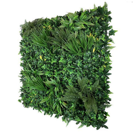 Artificial Living Wall Panel with Variegated Greens of Ivy, Ferns, Palm Heads, Grasses & Yellow Tipped Privets Pure Clean Rental Solutions 